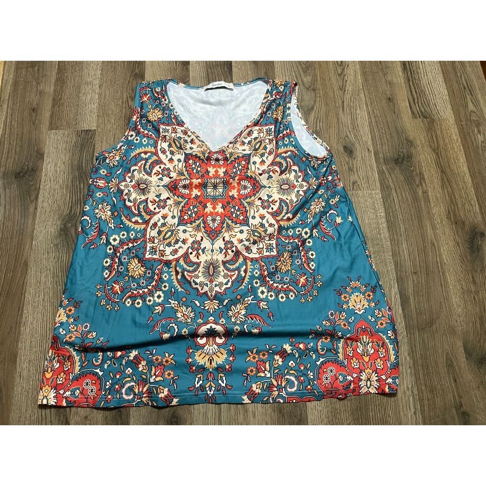 Sakurafina Tank Top, Womens Size XL, Blue Orange Red, Floral, V-neck, Sleeveless